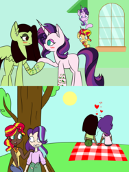Size: 8267x11022 | Tagged: safe, artist:icicle-niceicle-1517, artist:rainelathepegasus00, starlight glimmer, sunset shimmer, oc, oc:evening glitter, oc:white lilly, human, pegasus, pony, unicorn, icey-verse, g4, absurd resolution, blanket, caught, choker, clothes, collaboration, colored, dark skin, ear piercing, earbuds, earring, evening lilly, eyebrow piercing, eyeshadow, female, heart, hiding, holding hands, holding hooves, house, human ponidox, humanized, jeans, jewelry, lesbian, magical lesbian spawn, makeup, mare, mother and daughter, nose piercing, oc x oc, offspring, open mouth, panic, panicking, pants, parent:applejack, parent:starlight glimmer, parent:strawberry sunrise, parent:sunset shimmer, parents:applerise, parents:shimmerglimmer, picnic, picnic blanket, piercing, self ponidox, ship:shimmerglimmer, shipping, shocked, spying, sun, tattoo, torn clothes, tree