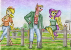 Size: 2333x1634 | Tagged: safe, artist:sinaherib, applejack, big macintosh, fluttershy, earth pony, pegasus, anthro, g4, abs, breasts, clothes, female, fence, male, mare, open clothes, ship:fluttermac, shipping, smiling, stallion, straight, traditional art