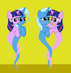 Size: 612x624 | Tagged: safe, artist:navitaserussirus, edit, trixie, twilight sparkle, genie, ask genie twilight, g4, blushing, female, lesbian, self ponidox, ship:twixie, shipping