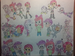 Size: 1280x960 | Tagged: safe, artist:jebens1, apple bloom, babs seed, diamond tiara, scootaloo, silver spoon, sweetie belle, human, equestria girls, g4, one bad apple, animal costume, animal onesie, babs seed song, belt, big babs wolf, boots, bow, clothes, compression shorts, costume, cutie mark crusaders, ear piercing, earring, equestria girls interpretation, equestria girls-ified, evil smile, food, freckles, grin, high heel boots, hoodie, jeans, jewelry, kigurumi, laughing, milkshake, miniskirt, onesie, pants, piercing, pig costume, plaid skirt, ponytail, running, running away, scared, scene interpretation, shoes, shorts, skirt, smiling, three little pigs, tomato, traditional art, wolf costume