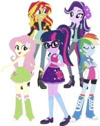 Size: 1092x1386 | Tagged: safe, editor:php77, fluttershy, rainbow dash, sci-twi, starlight glimmer, sunset shimmer, twilight sparkle, equestria girls, equestria girls specials, g4, my little pony equestria girls: mirror magic, beanie, boots, clothes, compression shorts, glasses, hat, high heel boots, jacket, leather jacket, mary janes, pants, ponytail, shoes, shorts, simple background, skirt, socks, transparent background