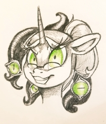 Size: 2848x3320 | Tagged: safe, artist:smirk, oc, oc only, oc:roseate grimsbane, pony, eldritch abomination, evil smile, eye, eyes, glasses, grin, high res, smiling, solo, traditional art