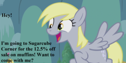 Size: 1792x896 | Tagged: safe, edit, edited screencap, editor:korora, screencap, derpy hooves, pony, g4, slice of life (episode), bronybait, cropped, cute, derpabetes, female, irrational exuberance, smiling, solo, text, that pony sure does love muffins