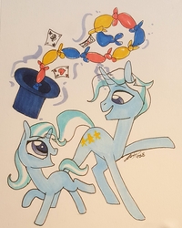 Size: 1981x2479 | Tagged: safe, artist:creeate97, jack pot, trixie, pony, unicorn, g4, duo, father and daughter, female, filly, glowing horn, hat, horn, magic, magic trick, male, playing card, raised hoof, signature, simple background, stallion, telekinesis, top hat, traditional art, younger
