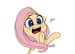Size: 2500x1800 | Tagged: dead source, safe, artist:miokomata, fluttershy, pegasus, pony, blushing, cute, cute little fangs, fangs, female, floppy ears, simple background, solo, white background