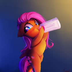 Size: 2500x2500 | Tagged: dead source, safe, artist:miokomata, fluttershy, pony, g4, baby bottle, babyshy, bipedal, blushing, bottle, chest fluff, cute, drinking, female, floppy ears, high res, looking at you, looking back, mare, shyabetes, solo