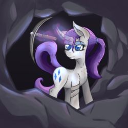 Size: 2000x2000 | Tagged: safe, artist:thexiiilightning, rarity, pony, unicorn, g4, alternate hairstyle, bandage, cave, cavern, chest fluff, dirty, eyeshadow, female, hairband, high res, magic, makeup, mine, mining, pickaxe, ponytail, solo