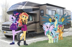 Size: 1603x1046 | Tagged: safe, editor:php77, gallus, ocellus, sandbar, sci-twi, silverstream, smolder, sunset shimmer, twilight sparkle, classical hippogriff, griffon, hippogriff, pony, equestria girls, g4, my little pony equestria girls: better together, school daze, camper, equestria girls in real life, irl, looking at you, photo, ponies in real life, rv
