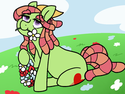 Size: 1052x790 | Tagged: safe, artist:/d/non, tree hugger, earth pony, pony, g4, bandana, clothes, dreadlocks, female, field, floral necklace, flower, headscarf, mare, mouth hold, scarf, sitting, smiling, solo
