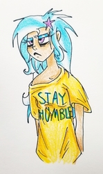 Size: 1689x2834 | Tagged: safe, artist:smirk, trixie, human, g4, bed mane, clothes, grumpy, humanized, oversized clothes, pouting, shirt, sleepy, t-shirt, tired, traditional art