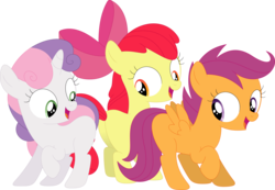 Size: 3587x2479 | Tagged: safe, artist:porygon2z, apple bloom, scootaloo, sweetie belle, earth pony, pegasus, pony, unicorn, g4, blank flank, cutie mark crusaders, high res, raised hoof, simple background, smiling, transparent background, vector