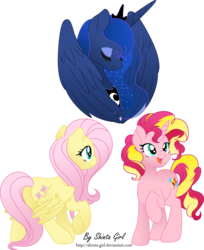 Size: 2213x2711 | Tagged: safe, artist:shinta-girl, fluttershy, pinkie pie, princess luna, sunset shimmer, alicorn, pegasus, pony, unicorn, g4, female, fusion, group, high res, mare, raised hoof, simple background, transparent background, vector