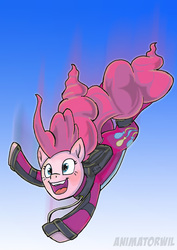 Size: 1240x1754 | Tagged: safe, artist:animatorwil, pinkie pie, earth pony, pony, g4, clothes, cute, cutie mark on clothes, diapinkes, falling, female, jumpsuit, motion blur, parachute, sky, skydiving, solo