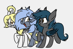 Size: 2018x1353 | Tagged: safe, artist:robiinart, oc, oc only, oc:panne, oc:primrose, oc:speck, bat pony, bat pony oc, commission, cute, cute little fangs, digital art, fangs, female, glasses, gray background, grumpy, mare, open mouth, simple background, smiling, trio, trotting, walking