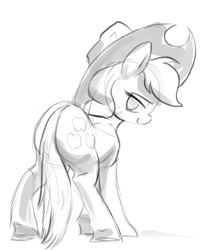 Size: 397x474 | Tagged: safe, artist:gsphere, applejack, earth pony, pony, g4, butt, female, grayscale, looking at you, looking back, looking back at you, mare, monochrome, plot, simple background, sketch, smiling, solo, white background
