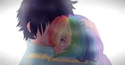 Size: 3855x2010 | Tagged: safe, artist:nicohoshi, rainbow dash, soarin', human, g4, crying, female, high res, hug, humanized, male, ship:soarindash, shipping, straight