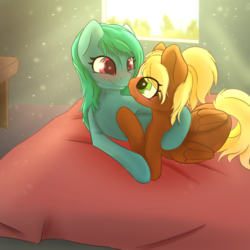 Size: 2000x2000 | Tagged: safe, artist:woons, oc, oc only, oc:puddle splasher, oc:threnody, pegasus, pony, fallout equestria, fallout equestria: speak, bed, blushing, cuddling, duo, eye contact, female, high res, lesbian, looking at each other, mare, oc x oc, on bed, prone, shipping, smiling