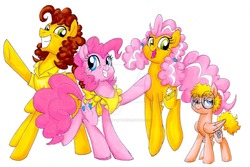 Size: 1024x683 | Tagged: safe, artist:pitterpaint, cheese sandwich, pinkie pie, oc, oc:creamcheese, oc:dulce leche, oc:dull leche, earth pony, pegasus, pony, g4, apron, clothes, colt, family, female, glasses, male, mare, offspring, parent:cheese sandwich, parent:pinkie pie, parents:cheesepie, pigtails, ship:cheesepie, shipping, simple background, straight, traditional art, twintails, watermark, white background