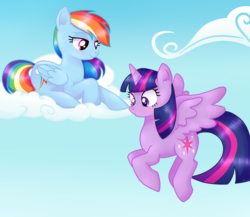 Size: 2300x2000 | Tagged: safe, artist:solareflares, rainbow dash, twilight sparkle, alicorn, pegasus, pony, g4, boop, cloud, cross-eyed, cute, duo, duo female, female, flying, high res, lesbian, looking down, mare, on a cloud, ship:twidash, shipping, sky, smiling, surprised, twilight sparkle (alicorn), wide eyes