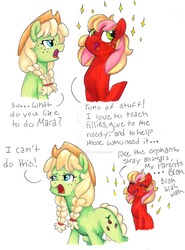 Size: 1024x1382 | Tagged: safe, artist:pitterpaint, oc, oc:maraschino cherry, oc:seed seeker (syd), earth pony, pony, cousins, cowboy hat, female, freckles, hat, mare, offspring, parent:applejack, parent:big macintosh, parent:caramel, parent:cheerilee, parents:carajack, parents:cheerimac, sparkles, stetson, traditional art, watermark