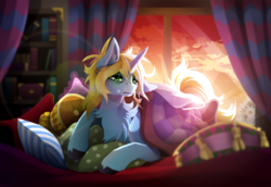 Size: 1500x1033 | Tagged: safe, artist:taiga-blackfield, oc, oc only, oc:art's desire, pony, unicorn, bed, book, chest fluff, cloven hooves, commission, crepuscular rays, female, grumpy, morning ponies, pillow, shelf, solo, sunrise