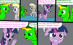 Size: 1001x617 | Tagged: safe, artist:didgereethebrony, derpy hooves, twilight sparkle, oc, oc:didgeree, alicorn, pony, comic:wreck of the renaissance, g4, broken wing, flooding, floppy ears, pain, ship, sinking, sinking ship, twilight sparkle (alicorn), water