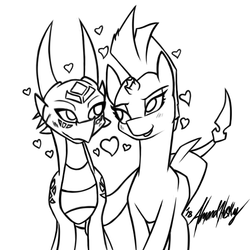 Size: 600x600 | Tagged: safe, tempest shadow, dragon, g4, my little pony: the movie, crossover, crossover shipping, cynder, female, heart, interspecies, lesbian, lineart, monochrome, shipping, spyro the dragon (series)