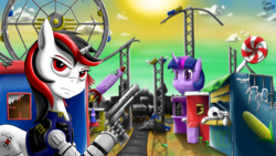 Size: 4096x2304 | Tagged: safe, artist:fiercewendigo, oc, oc:blackjack, cyborg, pony, fallout equestria, fallout equestria: project horizons, sparkle world, bone, candyland, clothes, gun, horn, level 1 (project horizons), skeleton, small horn, sparkle cola, vault security armor, weapon