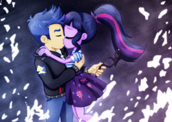 Size: 1600x1131 | Tagged: safe, artist:jucamovi1992, flash sentry, sci-twi, twilight sparkle, equestria girls, equestria girls series, g4, blushing, clothes, duo, eyes closed, female, glasses, jacket, kissing, male, ponytail, romantic, ship:flashlight, ship:sci-flash, shipping, skirt, straight