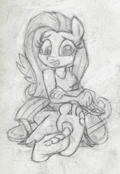 Size: 558x812 | Tagged: safe, artist:dertikleen, fluttershy, anthro, g4, barefoot, breasts, feet, female, fetish, foot fetish, monochrome, solo, traditional art