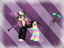 Size: 2048x1536 | Tagged: safe, artist:melonseed11, oc, oc only, oc:nicole, pony, unicorn, augmented tail, clarinet, clothes, female, magic, mare, musical instrument, pickaxe, rainbow socks, socks, solo, striped socks, sweater, tail hold