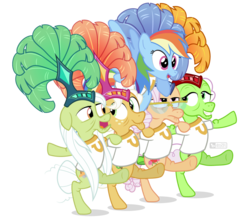 Size: 1000x875 | Tagged: safe, artist:dm29, apple rose, auntie applesauce, goldie delicious, granny smith, rainbow dash, earth pony, pegasus, pony, g4, grannies gone wild, can-can, feather hat, female, gold horseshoe gals, kickline, mare, showgirl, simple background, transparent background
