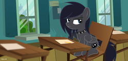Size: 2250x1080 | Tagged: safe, artist:noah-x3, oc, oc only, oc:diamond willow, pegasus, pony, choker, classroom, detention, female, mare, school, show accurate, sitting, solo, spiked choker