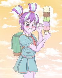Size: 2598x3248 | Tagged: safe, artist:sumin6301, starlight glimmer, equestria girls, g4, alternate hairstyle, backpack, blushing, clothes, cute, dessert, female, food, glimmerbetes, high res, ice cream, ice cream cone, pigtails, pleated skirt, school uniform, skirt, solo, that human sure does love ice cream, that pony sure does love ice cream, younger