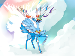 Size: 1024x768 | Tagged: safe, artist:hanaty, rainbow dash, deer, original species, peryton, xerneas, g4, abstract background, crossover, element of loyalty, female, pokefied, pokémon, raised hoof, solo, species swap, sunglasses