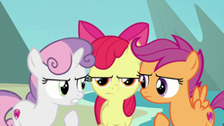 Size: 1920x1080 | Tagged: safe, screencap, apple bloom, scootaloo, sweetie belle, earth pony, pegasus, pony, unicorn, g4, surf and/or turf, apple bloom is not amused, argument, cutie mark crusaders, female, filly, trio, unamused
