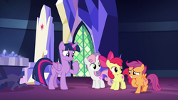 Size: 1920x1080 | Tagged: safe, screencap, apple bloom, scootaloo, sweetie belle, twilight sparkle, alicorn, earth pony, pegasus, pony, unicorn, g4, surf and/or turf, cute, cutealoo, cutie mark crusaders, embarrassed, female, filly, looking at each other, mare, raised hoof, raised leg, smiling, twilight sparkle (alicorn)