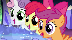 Size: 1920x1080 | Tagged: safe, screencap, apple bloom, scootaloo, sweetie belle, earth pony, pegasus, pony, unicorn, g4, surf and/or turf, cutie mark crusaders, female, filly, open mouth, trio, wide eyes