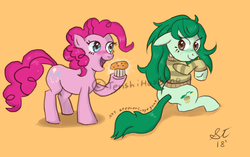 Size: 1609x1009 | Tagged: safe, artist:tenshihoshino, pinkie pie, wallflower blush, pony, g4, clothes, cute, diapinkes, equestria girls ponified, flowerbetes, food, muffin, ponified, sweater, watermark