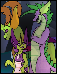 Size: 1698x2184 | Tagged: safe, artist:thebigearredbat, spike, thorax, oc, changedling, changeling, dragonling, hybrid, g4, adult, adult spike, gay, interspecies offspring, king thorax, magical gay spawn, male, offspring, older, older spike, parent:spike, parent:thorax, parents:spirax, ship:thoraxspike, shipping