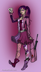 Size: 400x700 | Tagged: safe, artist:thestrangegirl091200, twilight sparkle, human, g4, alternate hairstyle, bag, batman, boots, clothes, cosplay, costume, crossover, dc comics, face paint, female, gun, harley quinn, humanized, pigtails, playing card, rifle, shoes, solo, tara strong, twiley quinn, voice actor joke, weapon