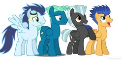 Size: 1560x780 | Tagged: safe, flash sentry, sky stinger, soarin', thunderlane, pegasus, pony, g4, friendshipping, goggles, group, male, missing cutie mark, one of these things is not like the others, posse, quartet, simple background, stallion, white background