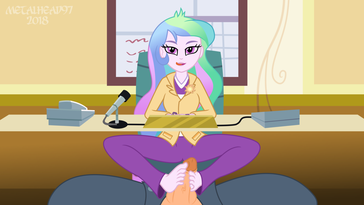1716714 - explicit, artist:metalhead97, princess celestia, principal  celestia, oc, oc:anon, human, equestria girls, g4, balls, barefoot, desk,  feet, female, fetish, foot fetish, footjob, high res, horny, human on  equestria girl action, licking,