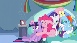 Size: 1024x576 | Tagged: safe, edit, edited screencap, screencap, fluttershy, pinkie pie, rainbow dash, rarity, tank, twilight sparkle, alicorn, pony, g4, tanks for the memories, bathrobe, clothes, crying, cute, dashabetes, diapinkes, inverted mouth, laughing, makeup, raribetes, robe, running makeup, shyabetes, slippers, smiling, tank slippers, tears of laughter, twiabetes, twilight sparkle (alicorn)