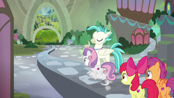 Size: 1920x1080 | Tagged: safe, screencap, apple bloom, scootaloo, sweetie belle, terramar, classical hippogriff, hippogriff, pegasus, pony, unicorn, g4, surf and/or turf, accelero, cutie mark, cutie mark crusaders, female, filly, harmonizing heights, magic, magic aura, speedy belle, sweetie belle's magic brings a great big smile, the cmc's cutie marks