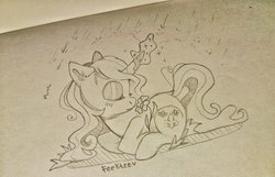 Size: 1280x825 | Tagged: safe, artist:feekteev, fleur-de-lis, pony, g4, female, flower, magic, monochrome, prone, rain, solo, traditional art