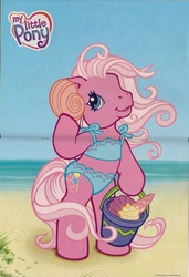 Size: 1012x1479 | Tagged: safe, pinkie pie (g3), earth pony, pony, g3, official, beach, bikini, clothes, female, heart, heart eyes, magazine, mare, midriff, swimsuit, wingding eyes