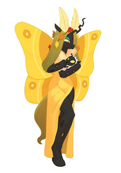 Size: 850x1212 | Tagged: safe, artist:carnifex, oc, oc only, oc:deciduous, changeling, changeling queen, moth, mothling, original species, anthro, unguligrade anthro, antennae, changeling queen oc, female, grub, species swap, yellow changeling