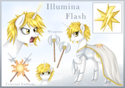 Size: 3400x2400 | Tagged: safe, artist:puggie, oc, oc only, oc:illumina flash, pony, unicorn, angry, armor, axe, cloak, clothes, commission, cutie mark, female, gold, high res, magic, reference sheet, solo, sun, weapon
