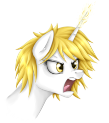 Size: 1600x1800 | Tagged: safe, artist:puggie, oc, oc only, oc:illumina flash, pony, unicorn, angry, close-up, commission, detailed, gold, magic, simple background, solo, teeth, tongue out, transparent background